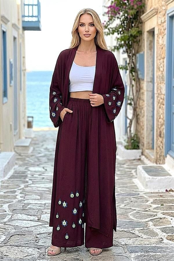 Bordo Mavi Boncuk Kimono Pantolon Takım