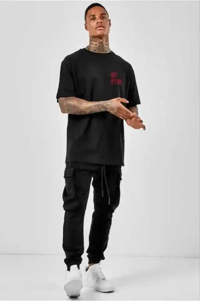 Erkek Baskılı T-Shirt Kısa Kol Bisiklet Yaka Regular Fit Rahat Kalıp Tişört - Siyah