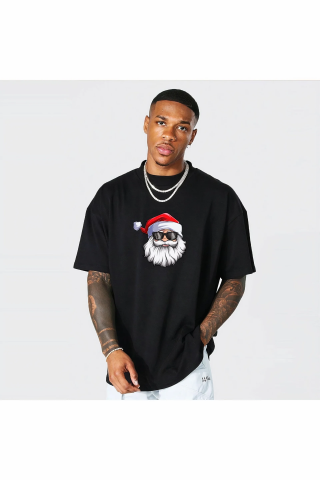 Yılbaşı Gözlüklü Noel Baba Baskılı Kısa Kollu Oversize Bisiklet Yaka T-shirt - Siyah