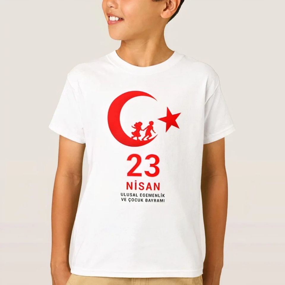 Çocuk 23 Nisan Ulusal Egemenlik ve Çocuk Bayramı Baskılı Bisiklet Yaka T-shirt - Beyaz