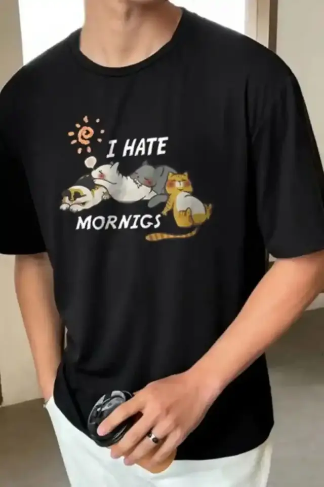Erkek Baskılı T-Shirt Kısa Kol Bisiklet Yaka Regular Fit Rahat Kalıp Günlük Tişört - Siyah