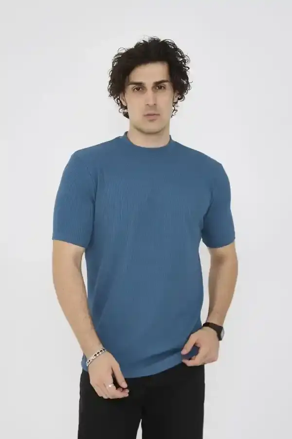 ERKEK Yazlık Tişört Bisiklet Yaka T-Shirt- Turkuaz