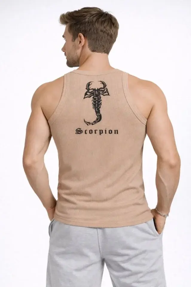 Erkek Fitilli Atlet Sıfır Yaka Slim Fit Arka Baskılı Spor Atlet - Bej