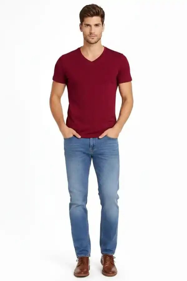 Erkek Body T-shirt V Yaka Slim Fit Likralı Kısa kol Tişört - Bordo