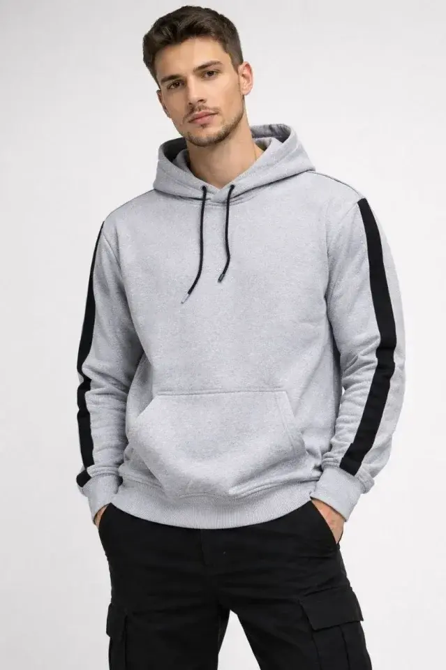 Erkek Şeritli Kapüşonlu Sweatshirt Oversize 3 Iplik Pamuklu - Beyaz