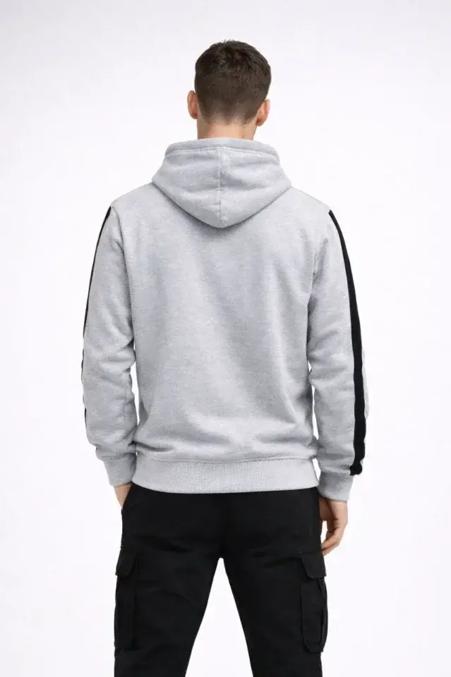 Erkek Şeritli Kapüşonlu Sweatshirt Oversize 3 Iplik Pamuklu - Beyaz