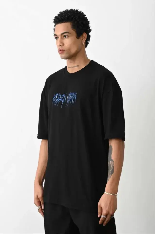Unisex Baskılı Oversize T-Shirt - Siyah