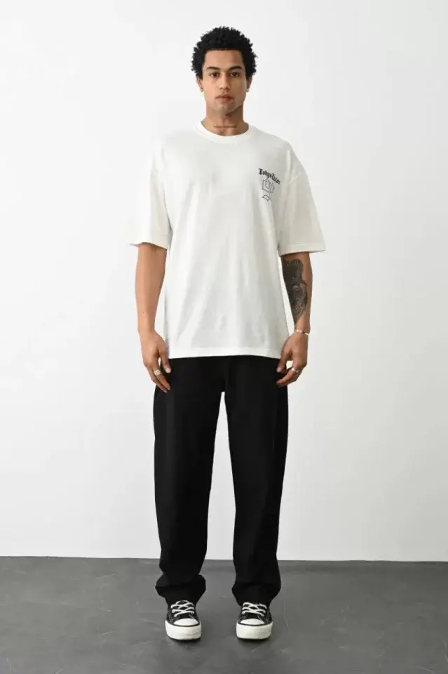 Unisex Baskılı Oversize T-Shirt - Beyaz