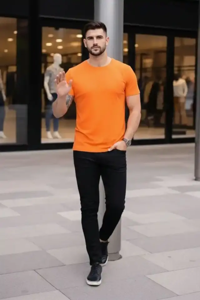 Erkek Body Tişört Bisiklet Yaka Slim Fit Likralı T-Shirt - Turuncu