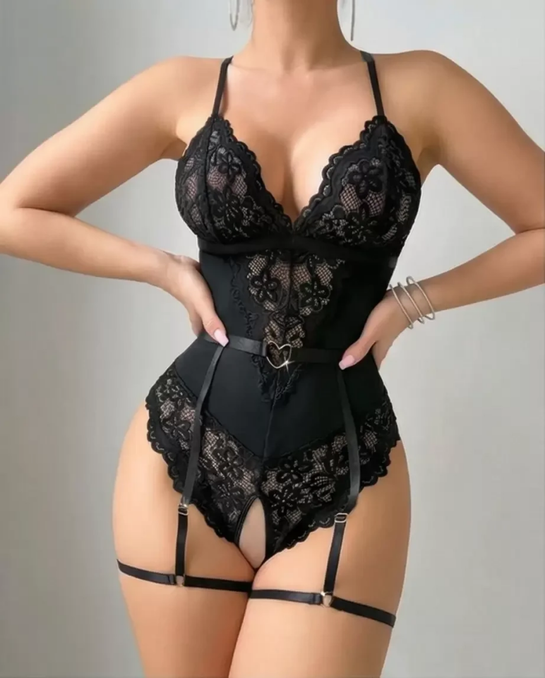 Kadın Siyah Dantel Jartiyerli Bodysuit Gecelik - Kemer Detaylı