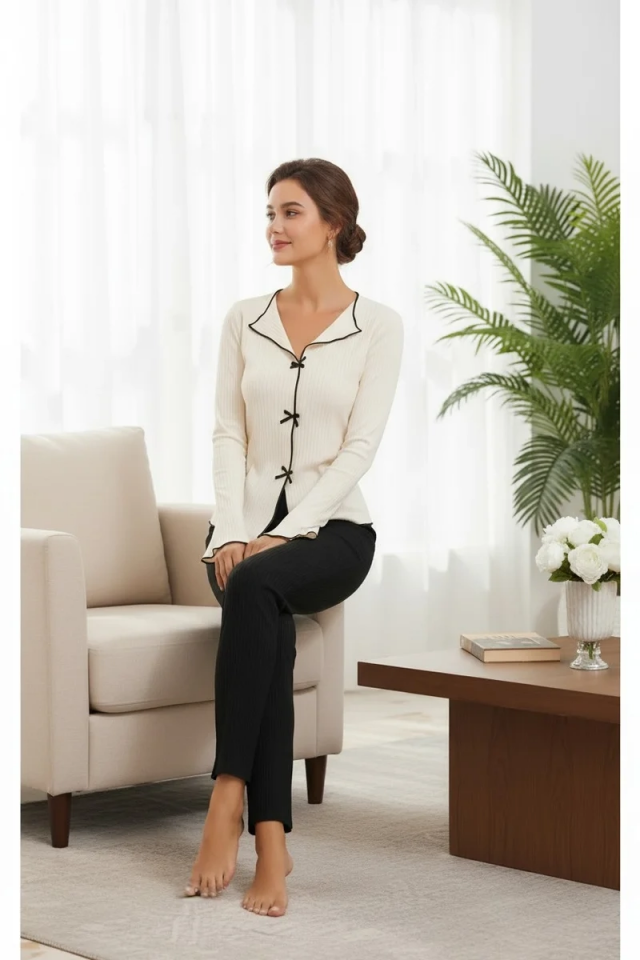 Kadın Fiyonklu Uzun Kollu Ekru Üst Siyah Alt Pijama Takımı
