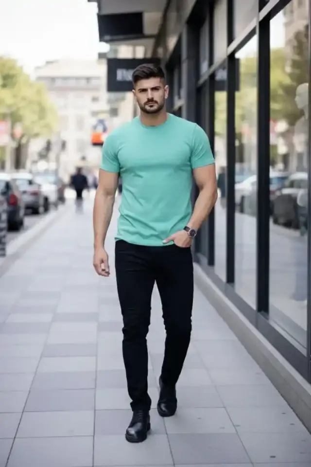 Erkek Body Tişört Bisiklet Yaka Slim Fit Likralı T-Shirt - Turkuvaz