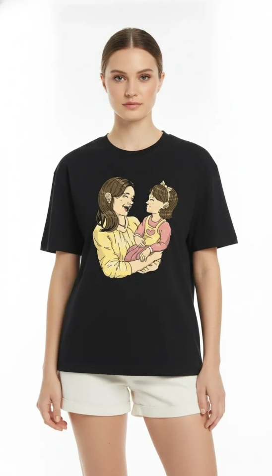 Anneler Günü Hediye Anne Kız Temalı Baskılı Oversize Bisiklet Yaka T-shirt - Siyah