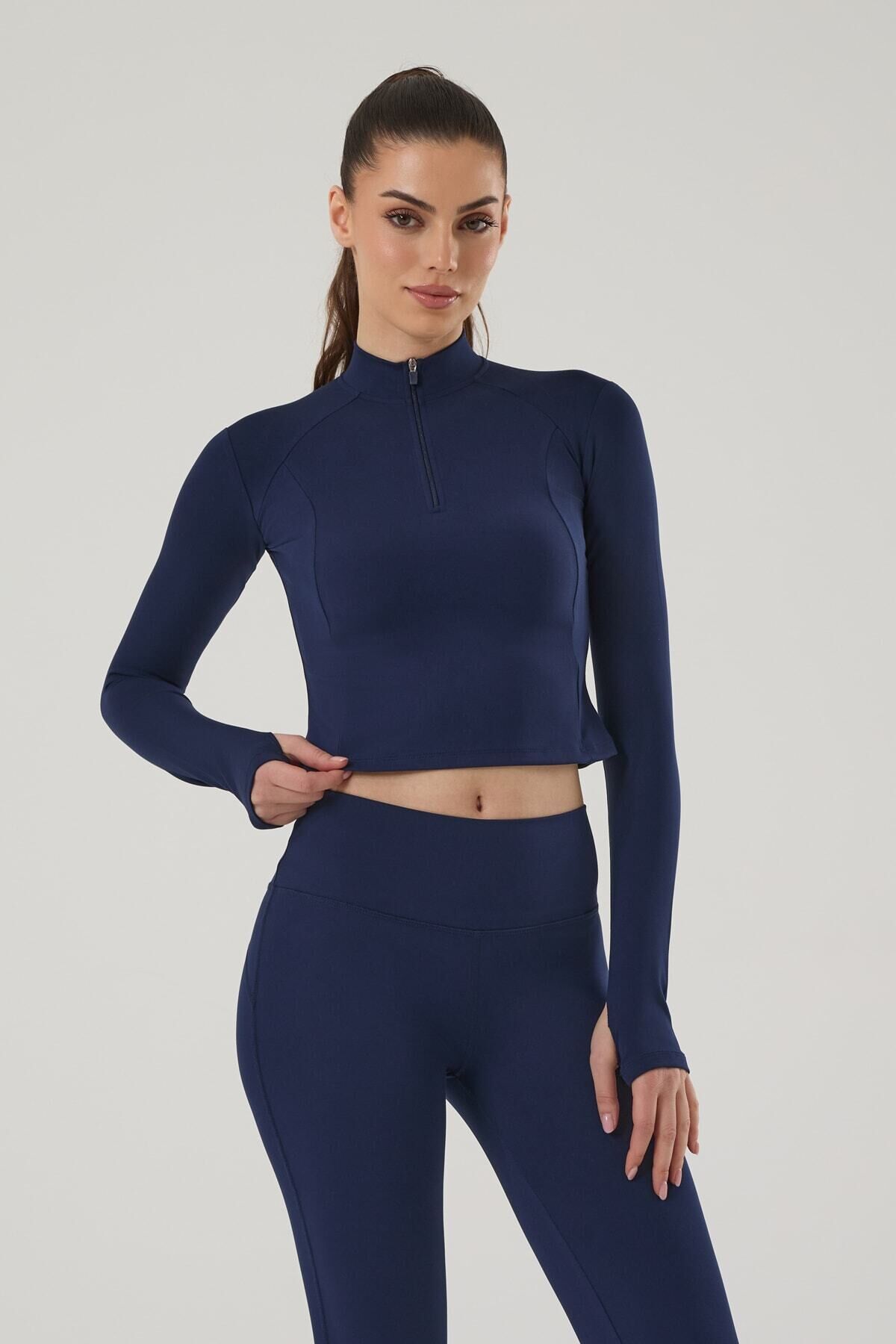 KADIN UZUN KOLLU CROP SPOR ÜST 4018-E Lacivert - XS