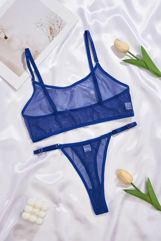 Mavi Transparan Tül Bralet Tanga İç Giyim Takımı Tm1389