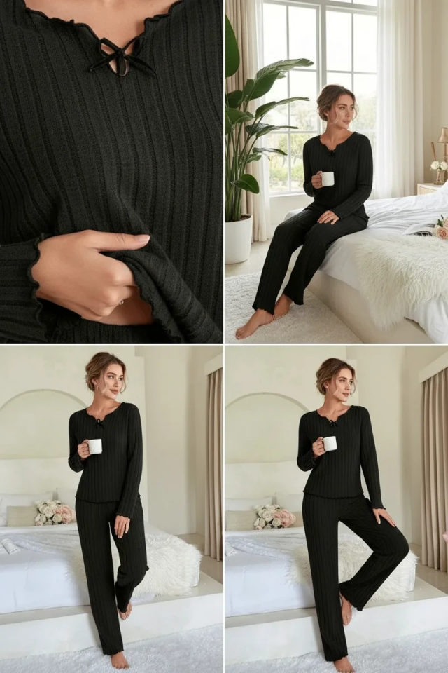 Kadın Siyah Uzun Kollu Fiyonklu Yuvarlak Yaka Mevsimlik Pijama Takımı