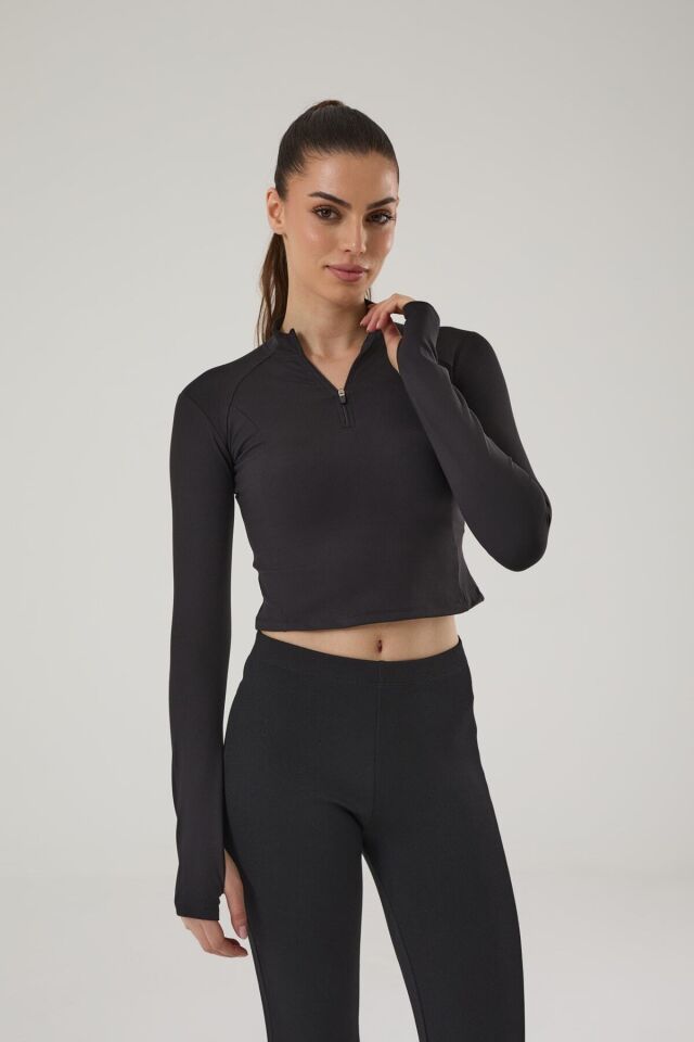 KADIN UZUN KOLLU CROP SPOR ÜST 4018-E Siyah - XL