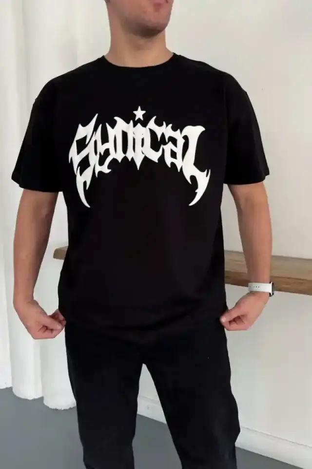 Erkek Kısa Kol Yazlık Tişört Bisiklet Yaka Baskılı Oversize T-Shirt - Siyah