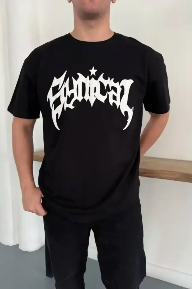 Erkek Kısa Kol Yazlık Tişört Bisiklet Yaka Baskılı Oversize T-Shirt - Siyah