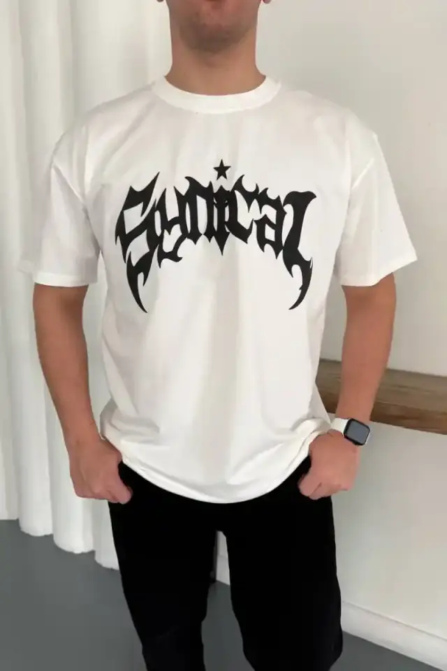 Erkek Kısa Kol Yazlık Tişört Bisiklet Yaka Baskılı Oversize T-Shirt - Beyaz