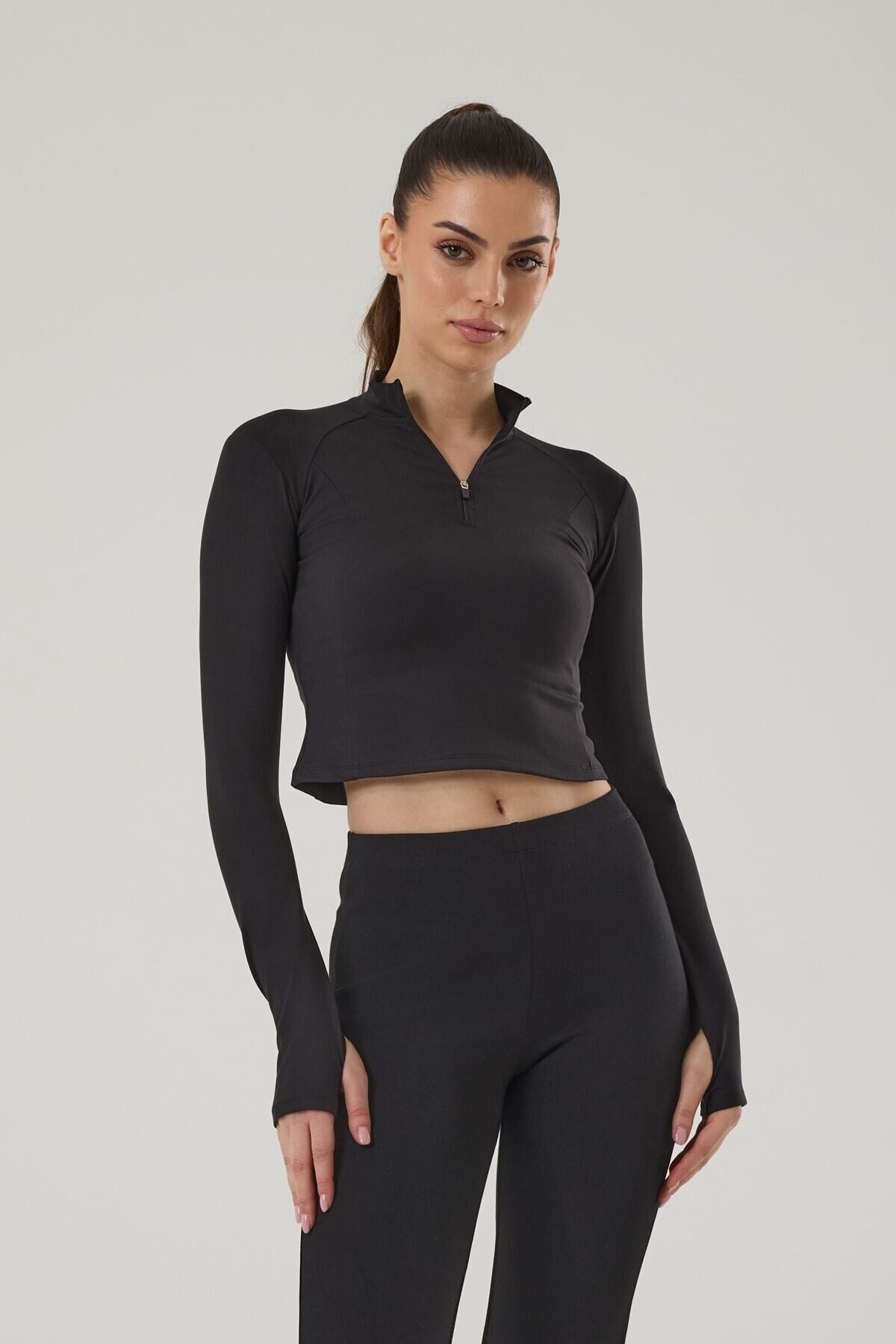 KADIN UZUN KOLLU CROP SPOR ÜST 4018-E Siyah - L