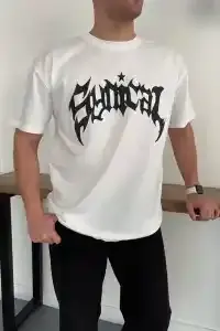 Erkek Kısa Kol Yazlık Tişört Bisiklet Yaka Baskılı Oversize T-Shirt - Beyaz