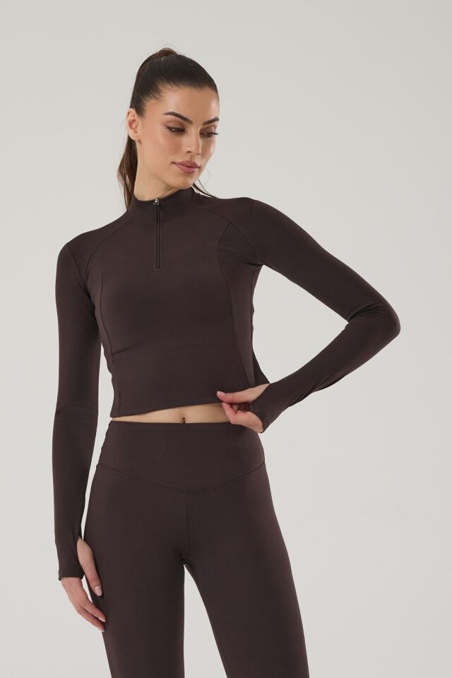 KADIN UZUN KOLLU CROP SPOR ÜST 4018-E Kahverengi - S