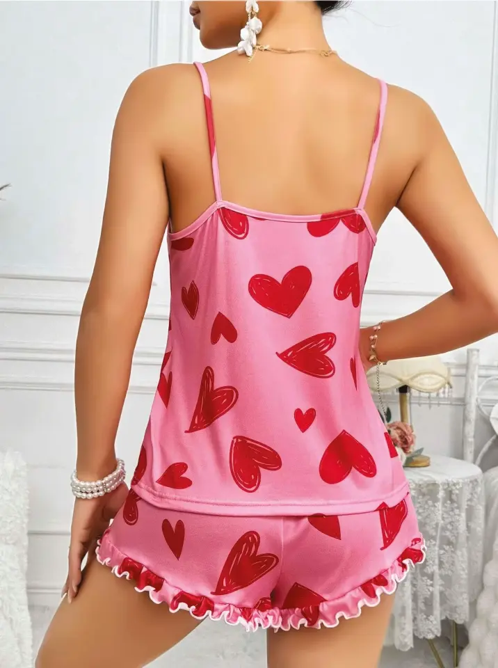 Morliva Kadın Pembe Kalp Baskılı Şortlu Gecelik Pijama Takımı 5050