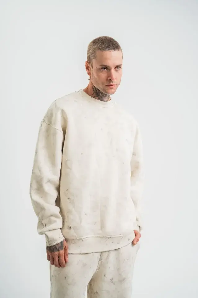 Erkek 3 İplik Pamuklu Yağ Yıkamalı Sweatshirt Double Oversize Bisiklet Yaka Uzun Kol - Krem