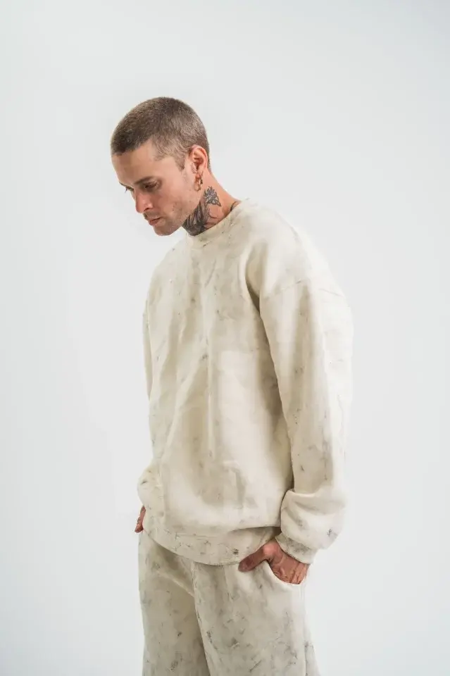 Erkek 3 İplik Pamuklu Yağ Yıkamalı Sweatshirt Double Oversize Bisiklet Yaka Uzun Kol - Krem