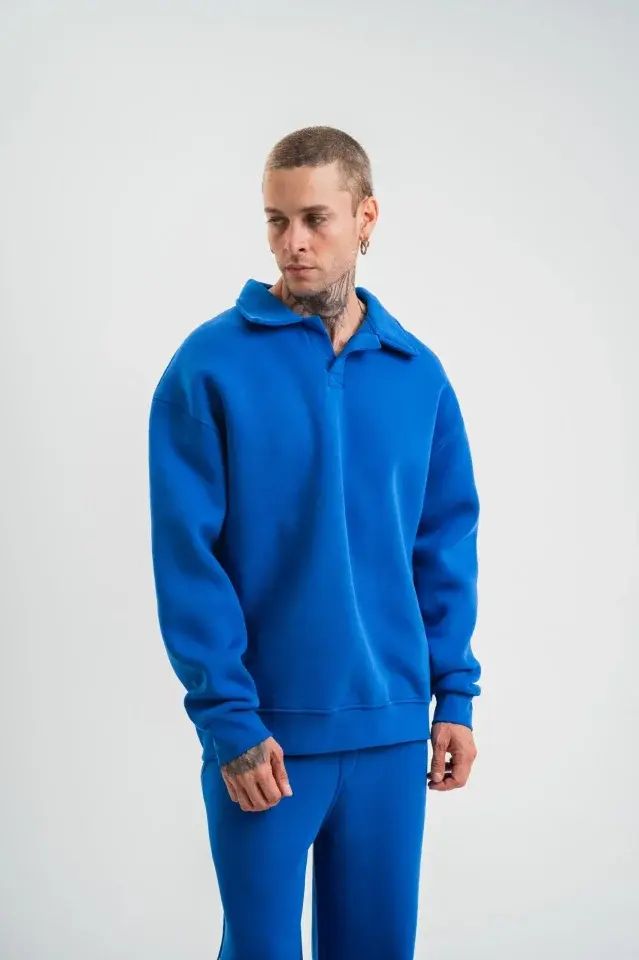 Erkek Patlı Yaka Üç İplik Pamuklu Sweatshirt Double Oversize Rahat Kalıp Günlük Kullanım - Mavi