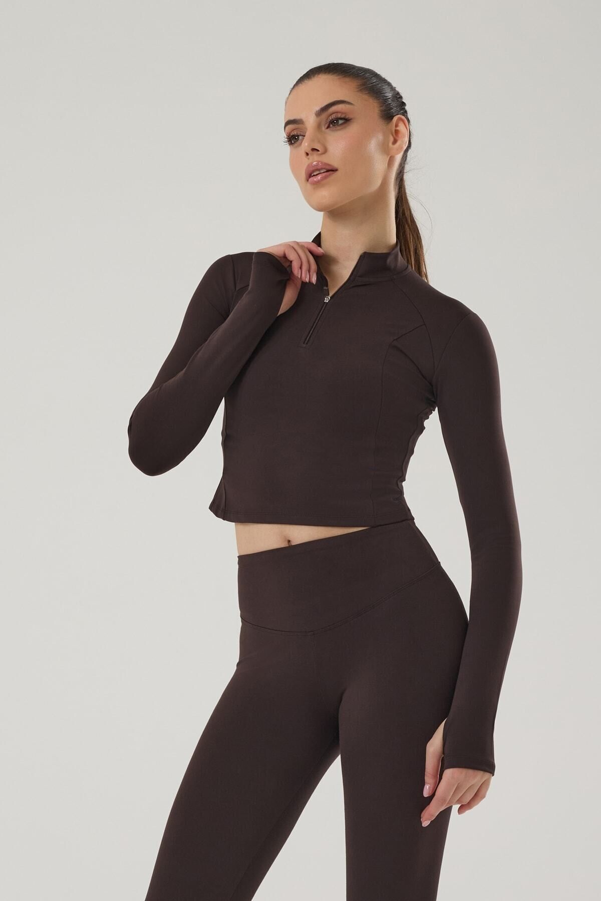 KADIN UZUN KOLLU CROP SPOR ÜST 4018-E Kahverengi - XS