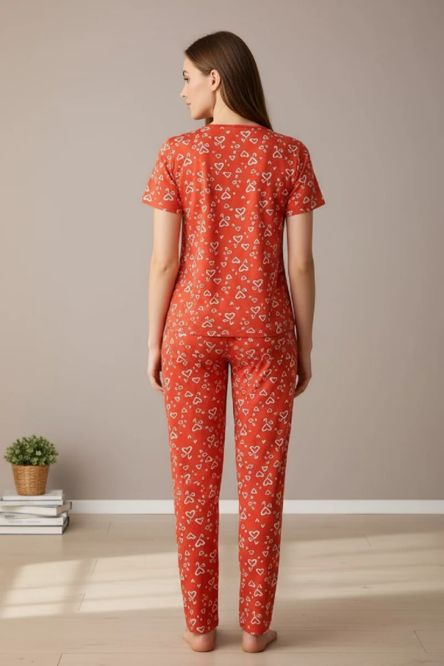 Kadın Turuncu Kalp Desenli Fiyonklu Kısa Kollu Uzun Pijama Takımı