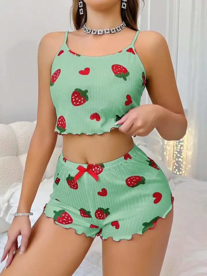 Kadın Yeşil Çilek Desenli Şortlu Pijama Takımı 5060