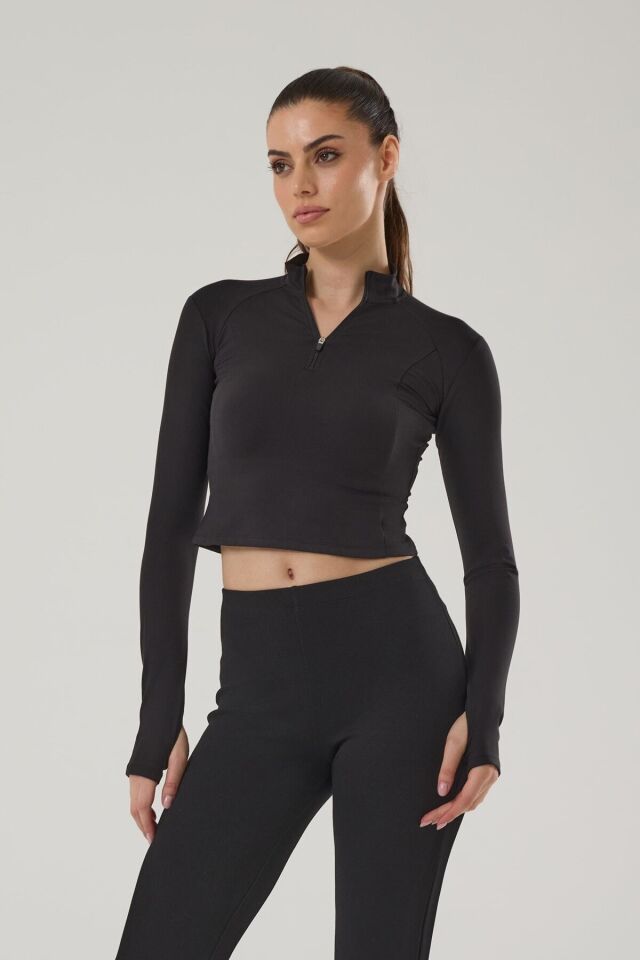 KADIN UZUN KOLLU CROP SPOR ÜST 4018-E si̇yah - M
