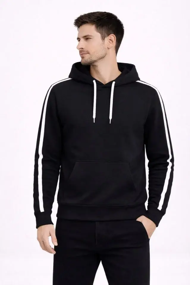 Erkek Şeritli Kapüşonlu Sweatshirt Oversize 3 Iplik Pamuklu - Siyah