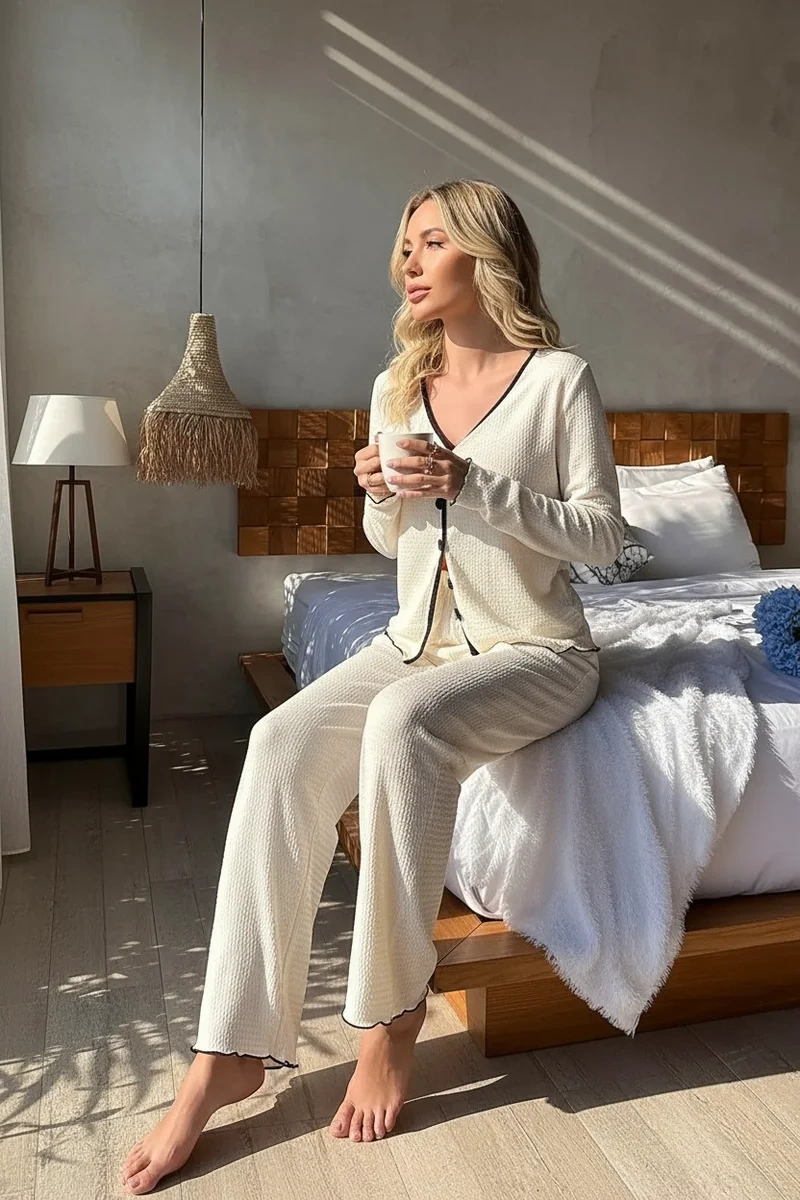 Kadın Beyaz Örme Kumaş V Yaka Düğmeli Rahat Şık Pijama Takımı