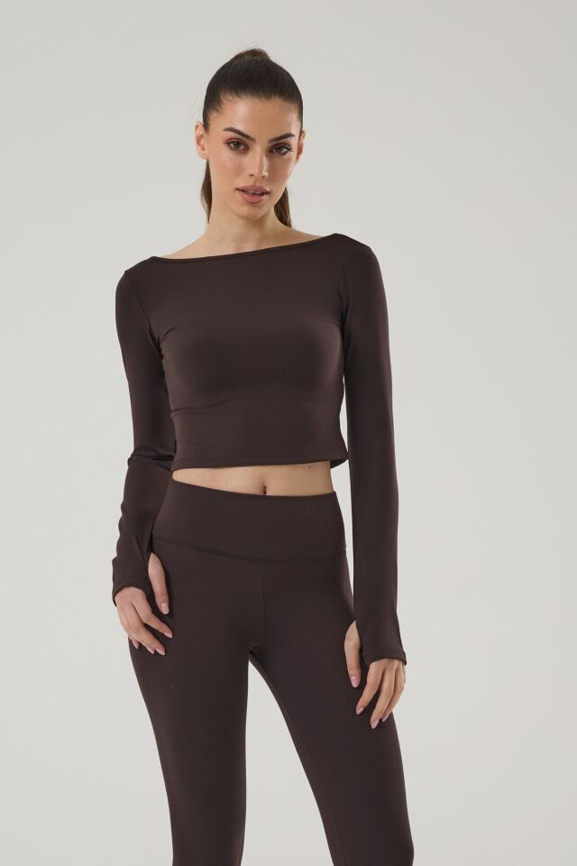 KADIN UZUN KOLLU CROP ÜST 4019 Kahverengi - XS