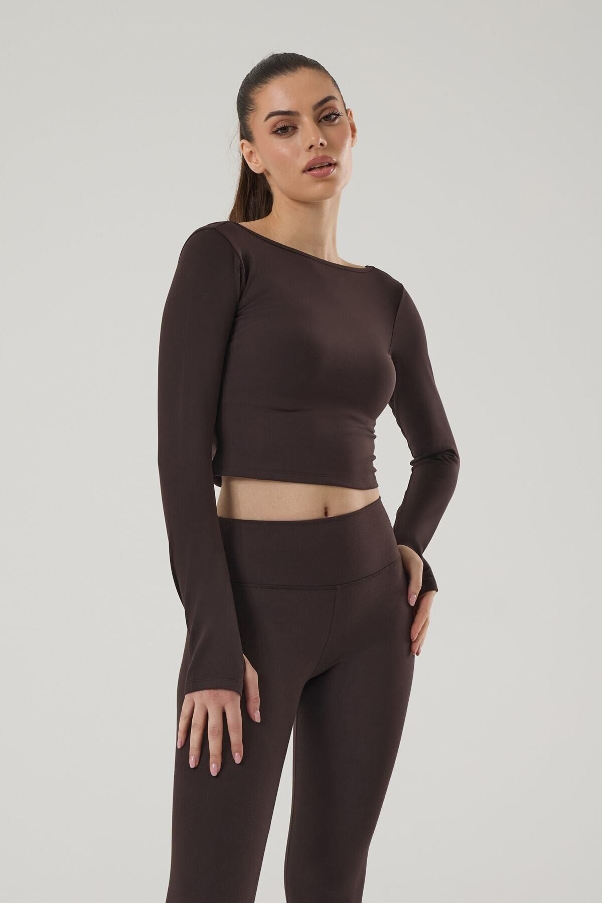 KADIN UZUN KOLLU CROP ÜST 4019 Kahverengi - XS