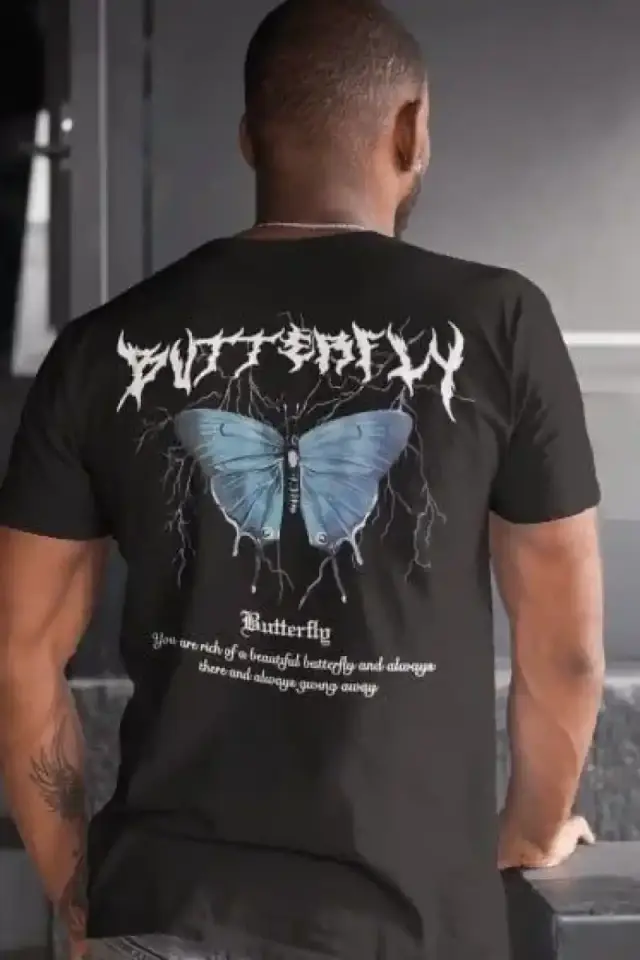 Erkek Tişort  Bisiklet Yaka Kelebek Baskılı Kısa kol T-Shirt - Siyah