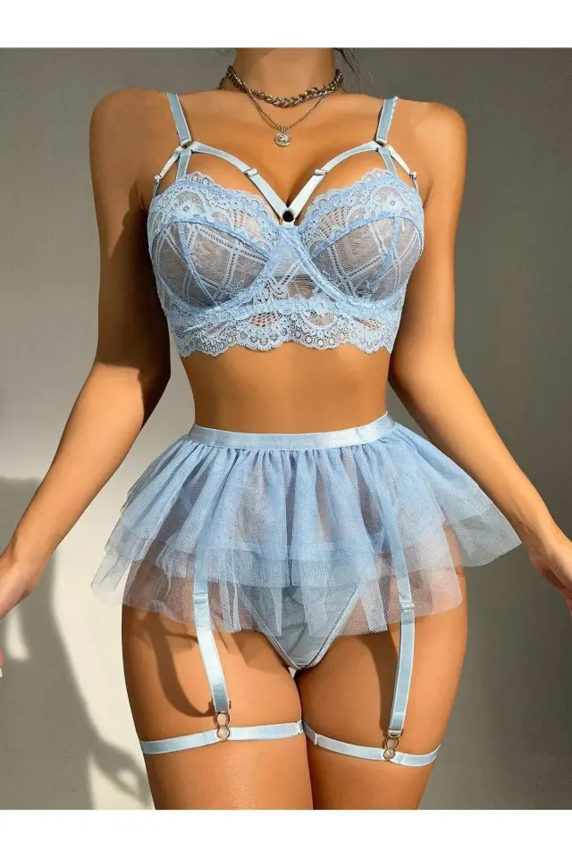 Bebe Mavi Bel Tüllü Kadın Seksi Fantezi Jartiyer Takım 2059