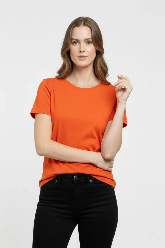 Kadın T-Shirt Bisiklet Yaka Slim Fit Likralı Tişört Yazlık Basic Body - Turuncu