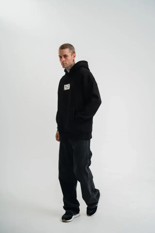 Unisex Kapşonlu Uzun Kol Patchli Nakışlı SweatShirt - Siyah
