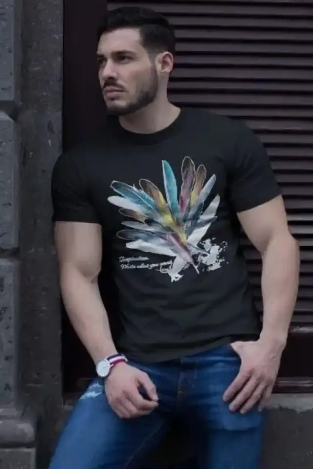 ERKEK Bisiklet Yaka Baskılı Kısa kol T-Shirt - Siyah