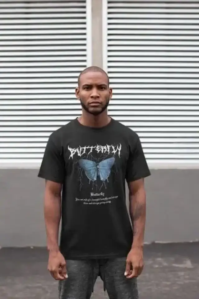 Erkek Kısa Kol Yazlık Tişört Bisiklet Yaka Baskılı Oversize T-Shirt - Siyah