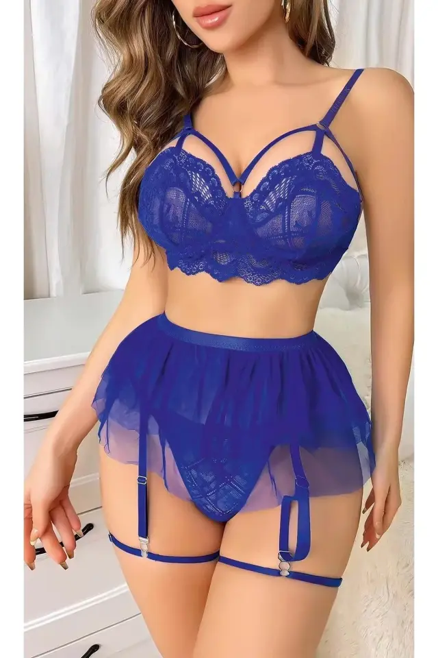 Mavi Bel Tüllü Kadın Seksi Fantezi Jartiyer Takım 2121