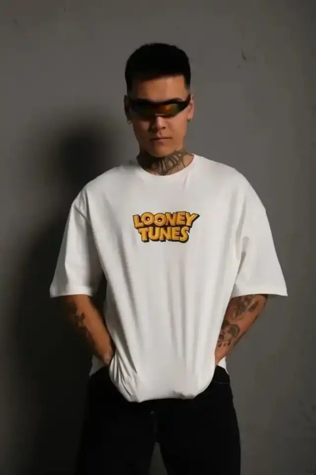 Erkek Bisiklet Yaka Baskılı Oversize Kısa kol T-Shirt - Beyaz