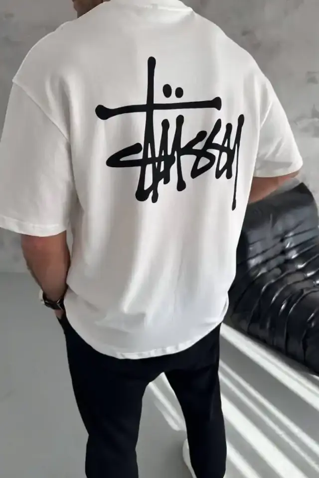Erkek Tişört Bisiklet Yaka Baskılı Oversize Kısa kol T-Shirt - Beyaz