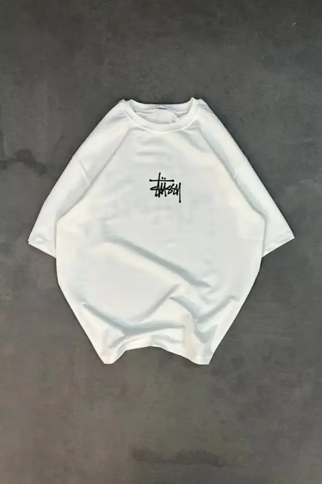 Erkek Tişört Bisiklet Yaka Baskılı Oversize Kısa kol T-Shirt - Beyaz