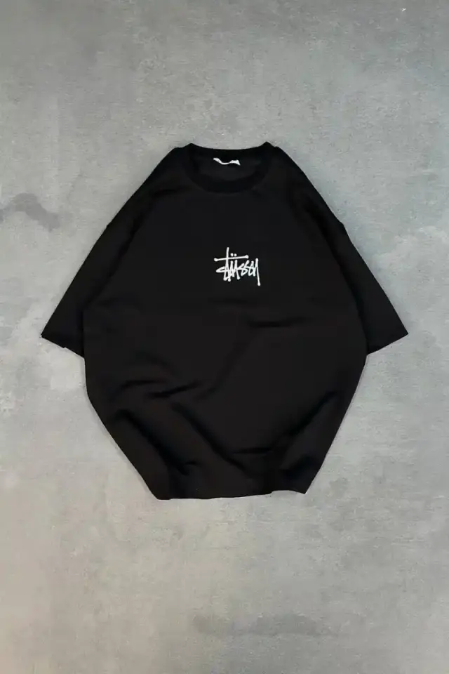 Erkek Kısa Kol Yazlık Tişört Bisiklet Yaka Baskılı Oversize T-Shirt - Siyah